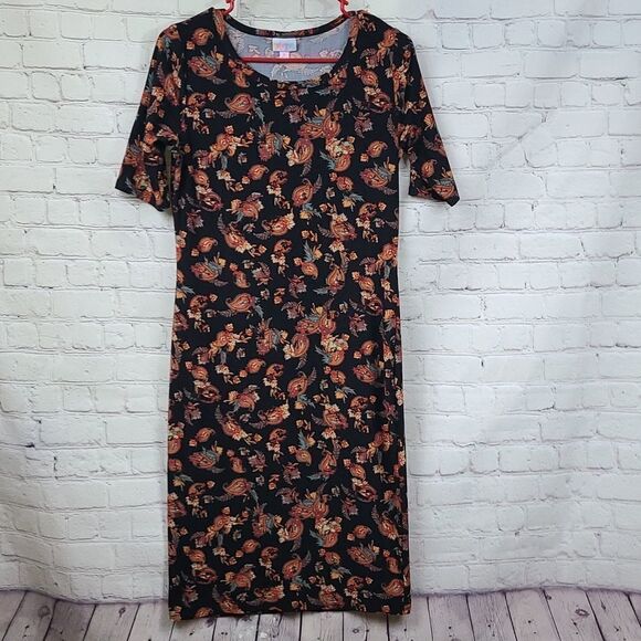 LuLaRoe Julia S 4/6 Black Paisley Knee Length Knit Bodycon Soft Stretchy Dress - Picture 2 of 8